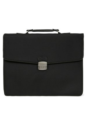Black nylon briefcase with a flat design, metal clasp, and leather accent. Features a sturdy top handle and reinforced edges.