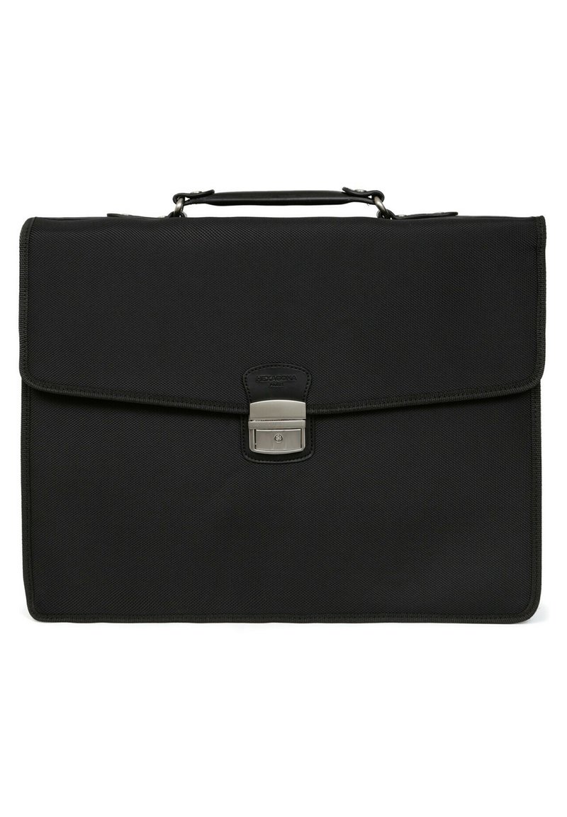 Borsa a tracolla nera in nylon con design piatto, chiusura metallica e particolari in pelle. Presenta una robusta maniglia superiore e bordi rinforzati.