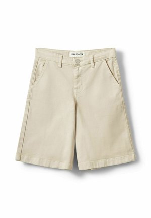 Beežid põlveni ulatuvad lühikesed püksid, millel on vööaugud, ees nupp, tõmblukk ja küljetaskud valgel taustal.