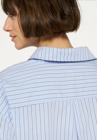 Blusa a rayas azul claro con un cuello clásico, que presenta rayas verticales estrechas en tonos más oscuros y un pequeño detalle bordado en la parte posterior.