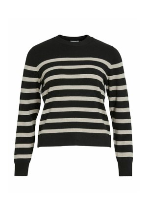 Juodas ir smėlio spalvos dryžuotas megztinis, pasižymintis apvalia iškirpte ir ilgomis rankovėmis, pagamintas iš minkštos mezgimo medžiagos, su siauru siluetu.