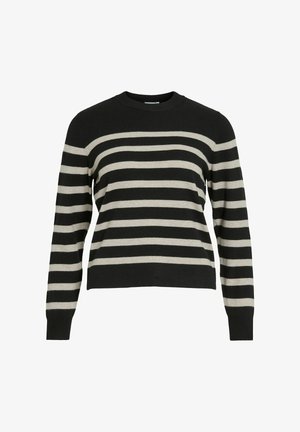 Juodas ir smėlio spalvos dryžuotas megztinis, pasižymintis apvalia iškirpte ir ilgomis rankovėmis, pagamintas iš minkštos mezgimo medžiagos, su siauru siluetu.