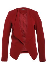 Blazer rosso con un frontale aperto e deciso. Realizzato in tessuto liscio, presenta maniche lunghe e due tasche laterali. Interno foderato in un colore abbinato.