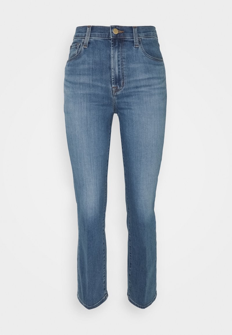 Jeans de mezclilla de un azul claro con cintura alta, corte ajustado y pierna recta. Cuenta con cinco bolsillos y un cierre de botón en la parte delantera.