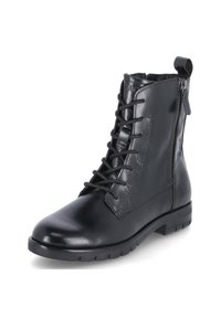 Bottines en cuir noir avec un bout arrondi, des lacets à l'avant, une fermeture éclair sur le côté et une semelle en caoutchouc texturée avec un talon bloc.