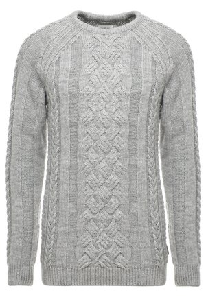 Maglione grigio lavorato a maglia con motivi a trecce, scollatura rotonda, polsini e orlo a coste. Tessuto testurizzato con una finitura morbida.