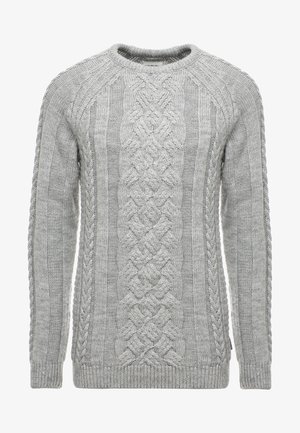 Gray knitted sweater featuring cable patterns, a round neckline, ribbed cuffs, and hem. Textured fabric with a soft finish.