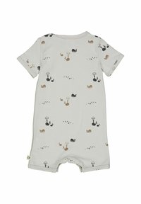 Kraťasové overaly s krátkým rukávem ve světle šedé bavlně s hravým vzorem zvířat a deštníků v černých a hnědých tónech. Zapínání na patentky na dně.