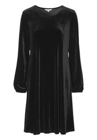 Svart sammetsklänning med långa ärmar, rund halsringning och gathered cuffs, med en avslappnad passform och mjuk, slät textur.