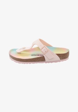 Light pink thong sandal with a cork footbed, featuring a gradient-colored insole. Adjustable strap with a buckle. Textured outsole.