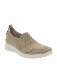 Zapatilla de slip-on beige con parte superior de malla transpirable, un forro suave y una suela de goma blanca con patrones de tracción.
