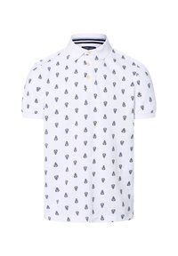Weißes Poloshirt mit wiederholtem navyblauen Hummerdruck. Kurzarm, klassischer Kragen, Zwei-Knopf-Leiste, weicher Baumwollstoff.