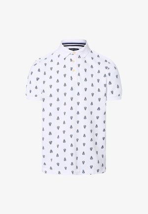 Weißes Poloshirt mit wiederholtem navyblauen Hummerdruck. Kurzarm, klassischer Kragen, Zwei-Knopf-Leiste, weicher Baumwollstoff.