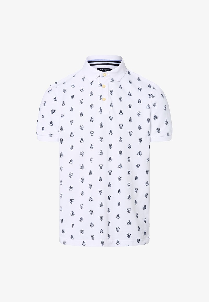 Polo blanc avec un motif de homard bleu marine répété. Manches courtes, col classique, patte de boutonnage à deux boutons, tissu en coton doux.