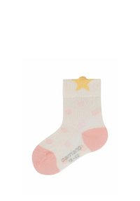 Calzini di cotone, bianchi con pois rosa, con tallone e punta rosa, bordo a coste, caratterizzati da un design a stella gialla sul retro. Taglia 12-24 mesi.