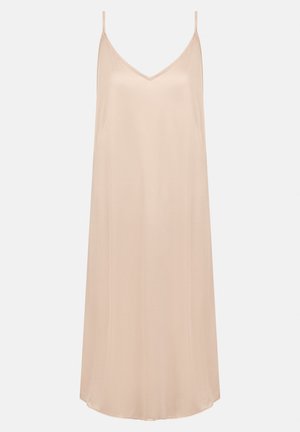 Nudesatin-Nachtkleid mit dünnen verstellbaren Trägern, V-Ausschnitt und lockerer Passform. Glatte Textur und knielanger Saum.