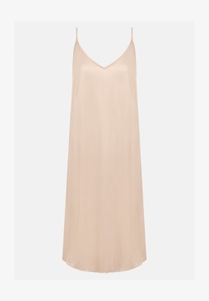 Nudesatin-Nachtkleid mit dünnen verstellbaren Trägern, V-Ausschnitt und lockerer Passform. Glatte Textur und knielanger Saum.