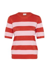 Red and pink striped knit sweater with short sleeves, round neckline, and a textured finish. The design features alternating wide stripes.