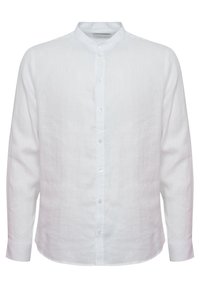 Hvit langermet lin skjorte med ståkrage og knappestolpe. Har subtil tekstur og avrundet kant. Minimalistisk design.