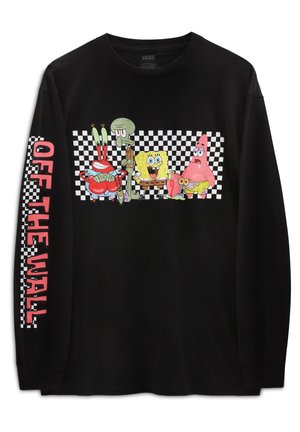 Zwart shirt met lange mouwen met SpongeBob-personages op een geruite achtergrond en roze tekst "OFF THE WALL" op de linker mouw.
