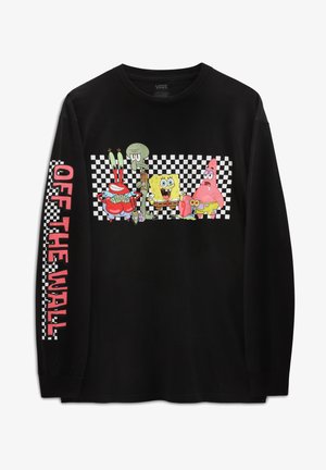 Zwart shirt met lange mouwen met SpongeBob-personages op een geruite achtergrond en roze tekst "OFF THE WALL" op de linker mouw.