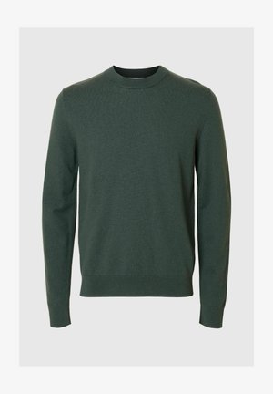 Dark green, long-sleeve crewneck sweater with ribbed cuffs and hem, displayed on a plain light gray background.