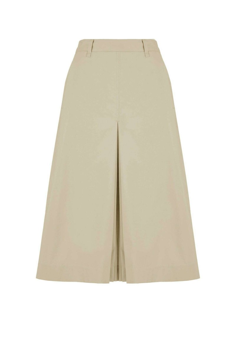 Beige culottes met een wijd-pijpen ontwerp, met een hoge taille, plooien en een soepele textuur. Gemaakt van lichtgewicht stof voor comfort.