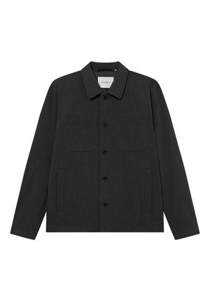 Mörkgrå jacka i texturerad tyg. Har krage, knäppning framtill, två bröstfickor och sidofickor för händer.