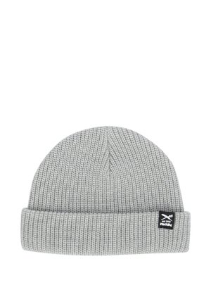 Gray knitted beanie hat with folded edge and a small black label featuring white text and logo on the cuff.