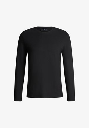 Black long-sleeve crew neck shirt with a straight hem, displayed flat against a white background.