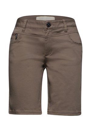 Shorts marron longueur genou avec bouton sur le devant, passants de ceinture, deux poches avant et une petite poche zippée sur le côté droit.