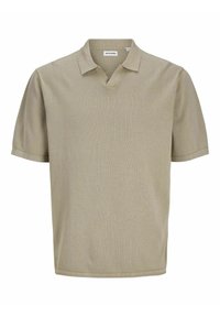 Beige polo shirt met korte mouwen en een textuurafwerking, met een V-hals en een vlakke kraag. Eenvoudige, strakke lijnen zonder zichtbare patronen.