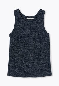 Débardeur sans manches bleu marine en tissu texturé avec un motif subtil. Encolure ronde et coupe droite à l'ourlet. Étiquette de marque visible.