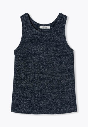 Débardeur sans manches bleu marine en tissu texturé avec un motif subtil. Encolure ronde et coupe droite à l'ourlet. Étiquette de marque visible.