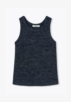 Débardeur sans manches bleu marine en tissu texturé avec un motif subtil. Encolure ronde et coupe droite à l'ourlet. Étiquette de marque visible.