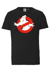 Black cotton t-shirt featuring a white ghost graphic inside a red circle with a diagonal line. Classic crew neck design.