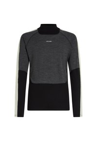 Pullover a maniche lunghe nero e grigio scuro con colletto alto, strisce beige chiare sulle maniche e logo "icebreaker" sul petto.