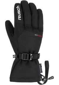 Schwarze Softshell-Handschuhe mit verstellbaren Riemen, verstärkten Handflächen und einem wasserdichten Etikett. Enthält strukturierten Stoff und elegantes Design.
