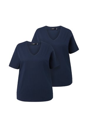 Granatowe koszulki V-neck, krótki rękaw, wykonane z miękkiej bawełny. Prosty, luźny krój bez wzorów czy ozdób. W zestawie dwa sztuki.