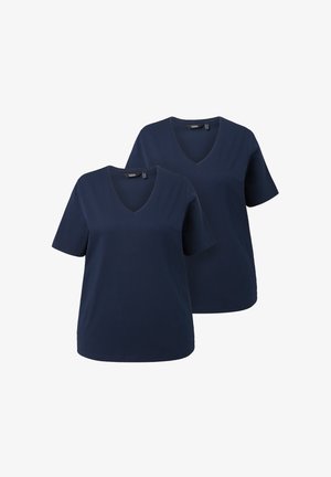 Navyblauwe V-hals t-shirts, korte mouwen, gemaakt van zachte katoen. Eenvoudige, relaxte pasvorm zonder patronen of versieringen. Twee-pack.
