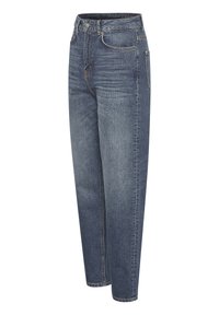 Vaqueros de tiro alto y pierna recta en denim azul oscuro con costuras en contraste, cinco bolsillos y cremallera.