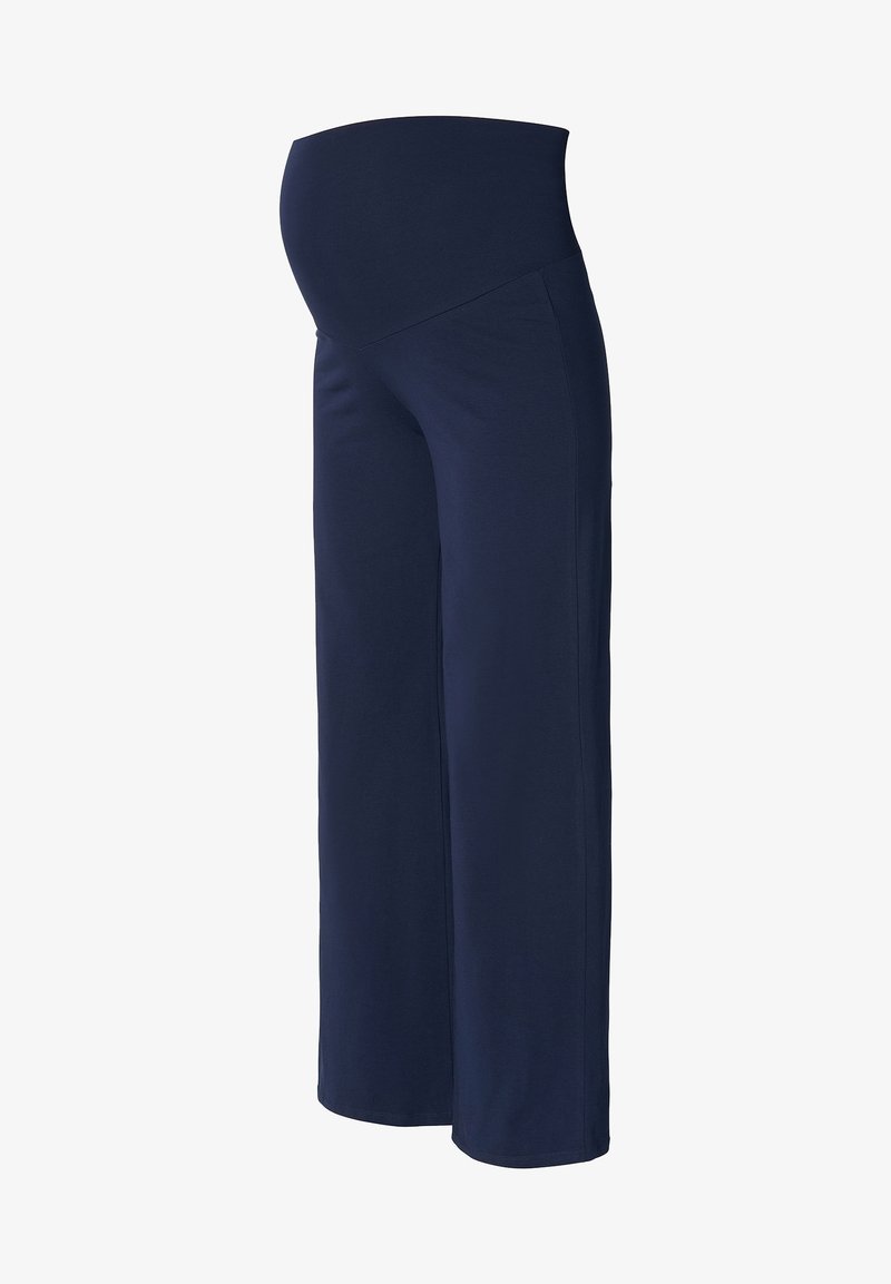Pantalons de maternité bleu marine en tissu extensible, longs jusqu'en bas, avec une large ceinture de soutien pour un confort pendant la grossesse.
