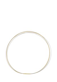Metallkette, bestehend aus zwei ineinander verschlungenen Strängen, einem silbernen und einem goldenen. Sie hat eine glatte, polierte Oberfläche und einen einfachen Verschluss auf der Rückseite.