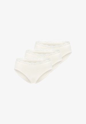 Trois culottes blanches pour femmes avec une bordure en dentelle autour de la taille, présentées se chevauchant sur un fond blanc.