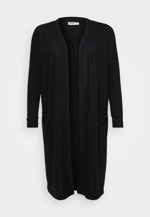 Sort lang cardigan lavet af blødt stof, med en løs pasform, åben front, lange ærmer og to sidelommer.