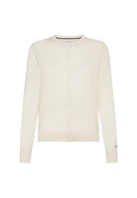 Cardigan color crema realizzato in morbido tessuto a maglia, con scollatura tonda, maniche lunghe e chiusura con bottoni sul davanti.