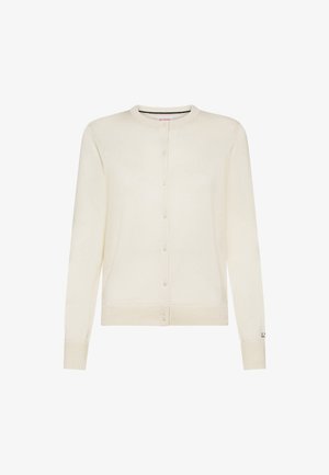 Cardigan color crema realizzato in morbido tessuto a maglia, con scollatura tonda, maniche lunghe e chiusura con bottoni sul davanti.
