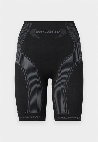 Mustad mustad lühikesed püksid, millel on vormistatud disain, tekstuuriga kangas, hallid vertikaalsed triibud ja "MISBHV" logo servas.