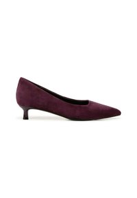Paarse suede pumps met een lage hak en een spitse neus, met een gladde textuur en een klassiek ontwerp, geschikt voor formele of casual gelegenheden.