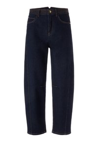 Dunkelblaue Jeans aus Denim mit geradem Bein, robustem Stoff, kontrastierenden Nähten, vorderen Taschen und einem klassischen Knopfverschluss.